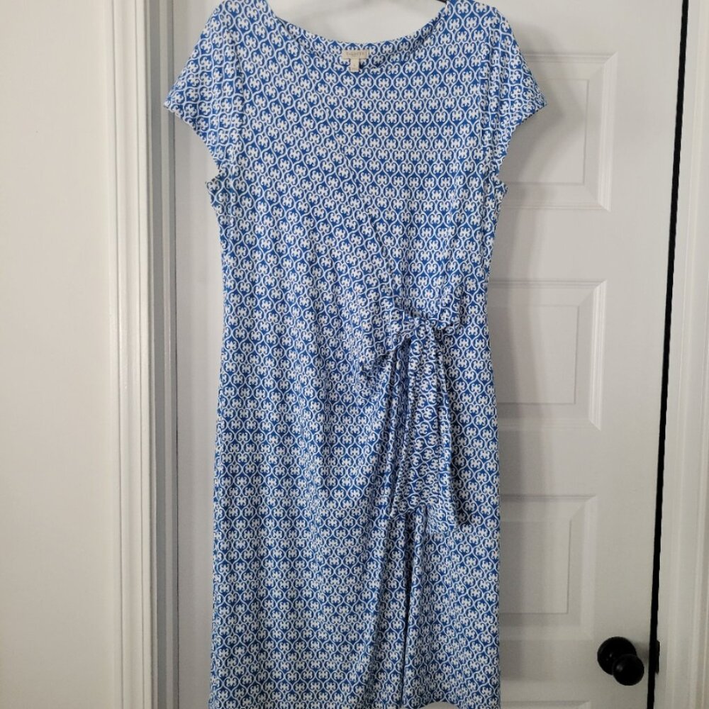L Talbots Jersey Dress with Tie Front Blue White Print Cap Sleeve T Shirt Style